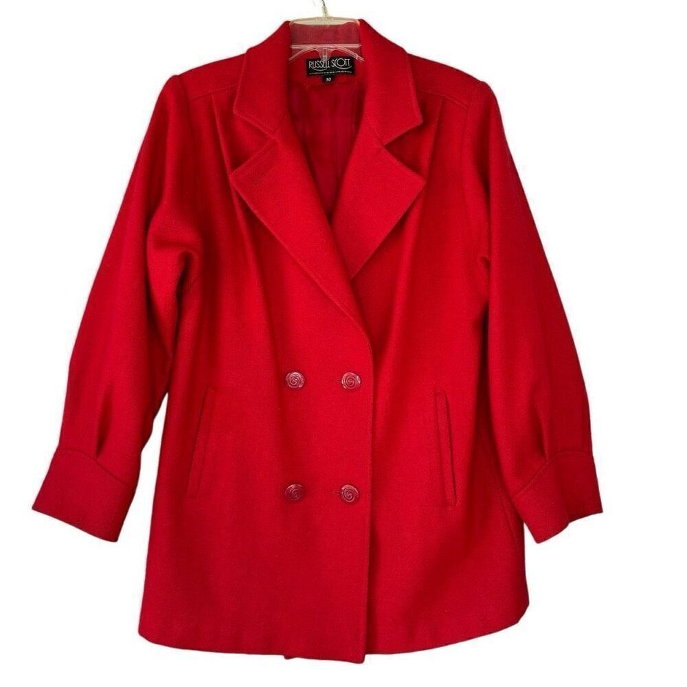 Vintage Russell Scott Hot Red Tweed Pea Coat Wool Jacket 4 Button V Neck Size 10